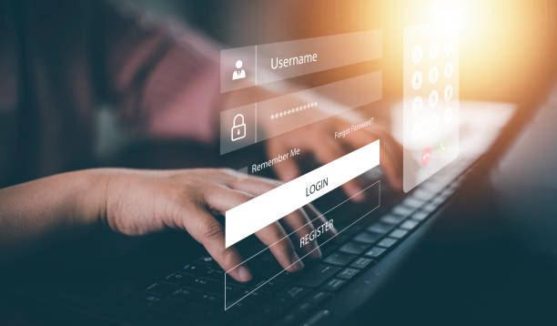 Security password login online concept  Hands typing and entering username and password of social media, log in with smartphone to an online bank account, data protection from hacker stock photo