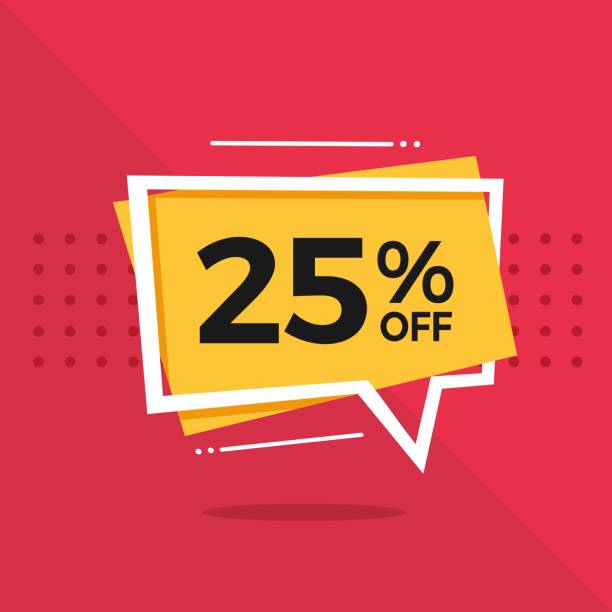 25% zniżki. zniżka 25 procent. czerwony baner z żółtym pływającym balonem na promocje i oferty. - specials stock illustrations