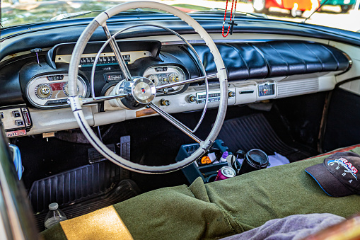 Falcon Heights, MN - June 18, 2022: High perspective detail interior view of a 1957 Mercury Montclair 4 Door Hardtop Sedan at a local car show.