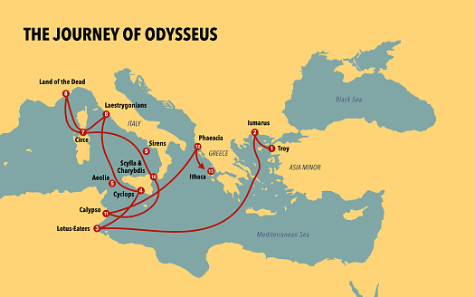 Map showing the route Odysseus followed from Troy to Ithaca