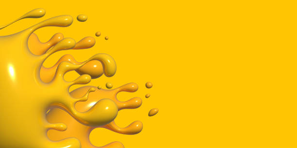istock 3d splash of yellow liquid. Abstract banner with three dimensional orange paint that flows. Volumetric stains 1426996276