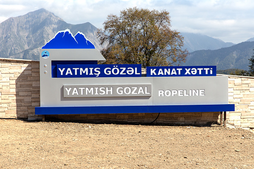 Gabala, Azerbaijan - September 25, 2021: Signboard cable car station in the ski resort Tufandag. Azerbaijan