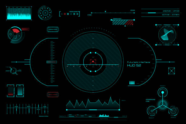 Futuristic user interface HUD elements, vector illustration Futuristic blue virtual graphic touch screen user interface HUD, fui, ui, vector illustration military infographic elements stock illustrations