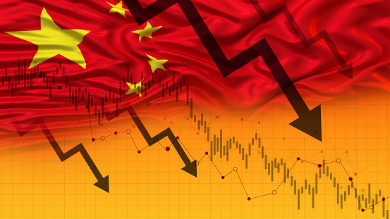 The Business Chart Arrow Down on Chinese Flag Background