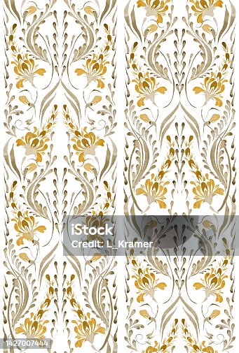 istock Ukrainian folk painting style Petrykivka. Floral watercolor seamless pattern from golden lupine flowers and gold leaves on a white background 1427007444
