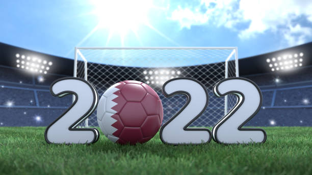 Soccer 2022 illustration. Soccer ball in Qatari flag colors. Stadium bright background Soccer 2022 illustration. Soccer ball in Qatari flag colors. Stadium bright background. 3D image stadium playing field grass fifa world cup stock pictures, royalty-free photos & images