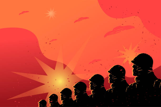 Black silhouettes of a line of soldiers against a background of red sky and explosions, the concept of militarization and mobilization in a war zone. vector art illustration