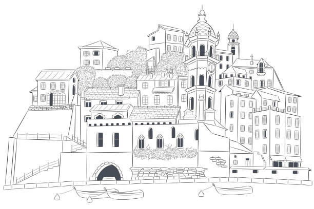 Black and white drawing of the Italian village Vernazza isolated on a white background. View of the old Italian village Vernazza on the seashore. Vector illustration. spezia stock illustrations