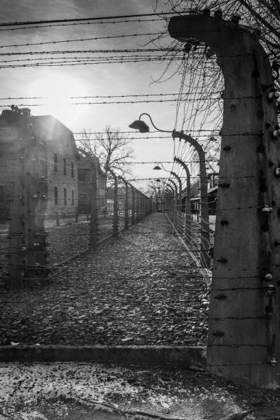 Auschwitz Birkenau, Poland, 9 January 2022: Barracks and wire of the Auschwitz Nazist Concentration Camp