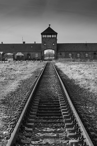 Auschwitz Birkenau, Poland, 9 January 2022: The railway conducing into Auschwitz II Birkenau nazist extermination camp