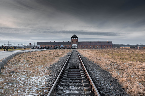 Auschwitz Birkenau, Poland, 9 January 2022: The railway conducing into Auschwitz II Birkenau nazist extermination camp