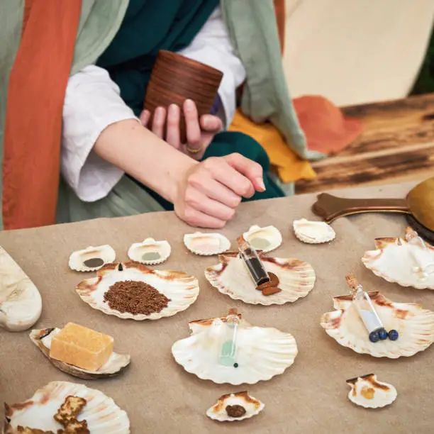 Photo of Ancient Roman cosmetics, retro perfume and vintage bath accessories. Reconstruction of events in the thermae of the Roman Empire