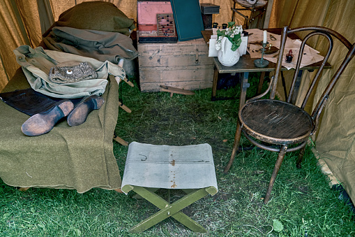 Vintage tent of a Russian officer with retro things from the First World War