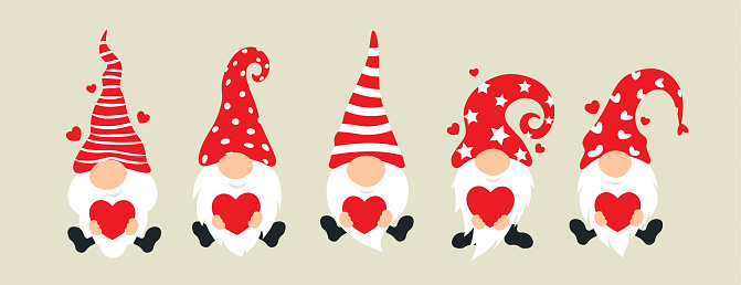Set of cartoon gnomes. Collection of cute christmas gnomes holding hearts. Funny characters in love for children and couples. Vector illustration.
