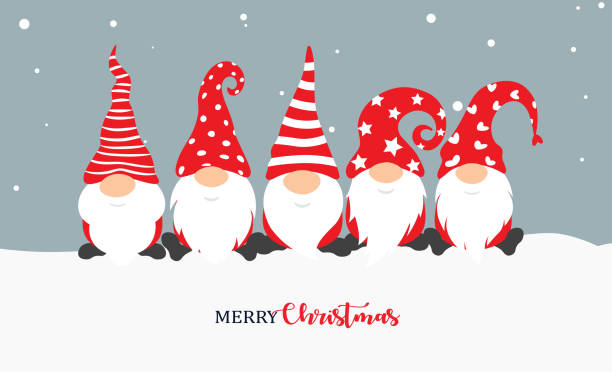 weihnachtsgnome. gruß-weihnachtskarte mit urlaubsisolierten zeichen auf schneehintergrund. süße skandinavische gnome in weihnachtsmannhüten im cartoon-stil. vektor-illustration - leprechaun holiday stock-grafiken, -clipart, -cartoons und -symbole