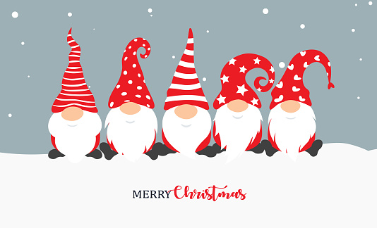 Christmas gnome. Greeting Christmas card with holiday isolated characters on snow background. Cute scandinavian gnomes in santa hats in cartoon style. Vector illustration.