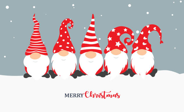 Christmas gnome. Greeting Christmas card with holiday isolated characters on snow background. Cute scandinavian gnomes in santa hats in cartoon style. Vector illustration Christmas gnome. Greeting Christmas card with holiday isolated characters on snow background. Cute scandinavian gnomes in santa hats in cartoon style. Vector illustration. traditional christmas stock illustrations