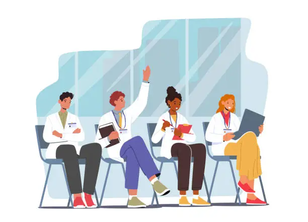 Vector illustration of Medical Internship School Concept. Young Medic Specialists Sitting on Chairs, Writing Notes, Asking Questions on Seminar