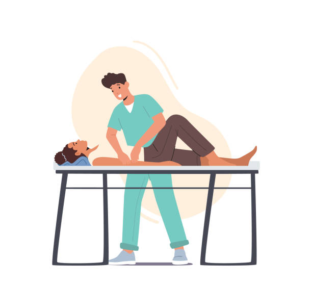 ilustraciones, imágenes clip art, dibujos animados e iconos de stock de terapia de rehabilitación, tratamiento de fisioterapia. paciente en masaje de rehabilitación en quiropráctico fisioterapeuta osteópata - massage therapist illustrations