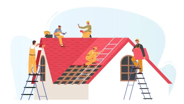 Vector illustration of Roof Construction Workers Characters Conduct Roofing Works. Roofer Men With Work Tools Repair Home Rooftop Tile