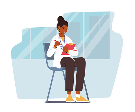Nurse Intern Female Character In Doctor Uniform with Badge Sitting on Chair Writing Notes in Clipboard. Student Medic Listening Seminar or Lecture in Medical School. Cartoon People Vector Illustration