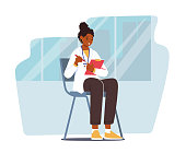 istock Nurse Intern Female Character In Doctor Uniform with Badge Sitting on Chair Writing Notes in Clipboard, Student Medic 1427041384