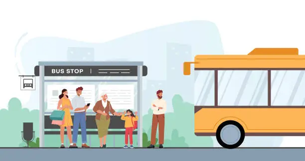 Vector illustration of Public Transportation Service Concept. People Passengers on Bus Station Waiting Commuter Transport at City Landscape