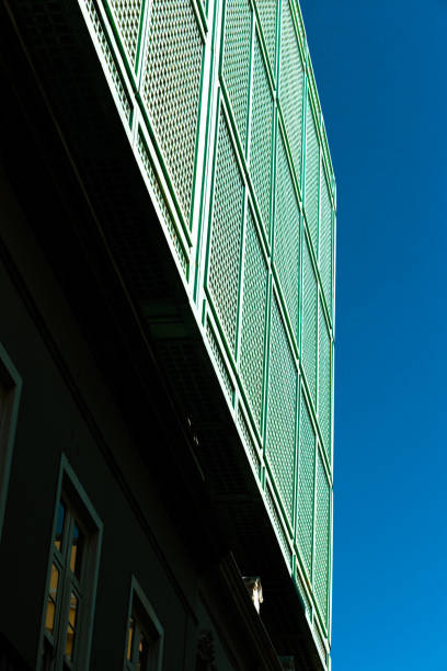 Santa Fe Style: Modern Adobe Building Exterior Detail, Blue Sky Background