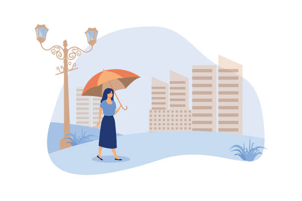 ilustrações de stock, clip art, desenhos animados e ícones de young girl with orange umbrella flat vector illustration. woman walking in rainy weather in park. city buildings on background. rain season. autumn and landscape concept. - adult autumn backgrounds beauty