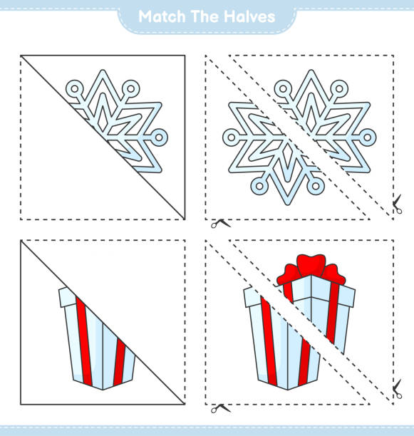istock Match the halves. Match halves of Snowflake and Gift Box. Educational children game, printable worksheet, vector illustration 1427043083