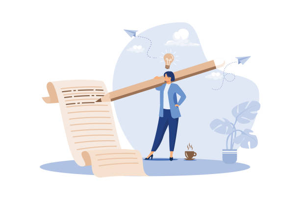 essay writing clip art images Content writer, blogger, bullet journalist or publishing editor concept, young smart woman freelance holding big pencil thinking and writing content on notepad paper with cup of coffee. Content writer, blogger, bullet journalist or publishing editor concept, young smart woman freelance holding big pencil thinking and writing content on notepad paper with cup of coffee. essay writing stock illustrations
