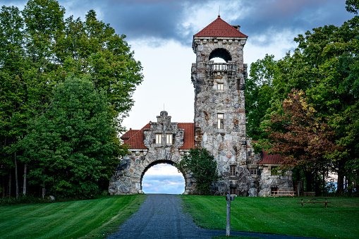 New Paltz, NY - USA - Sept. 22, 2022 Landscape golden hour view of the historic Testimonial Gateway tower, circa 1907, which served as the entrance to Mohonk Mountain.