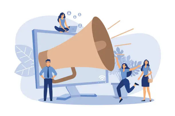 Vector illustration of Noisy big megaphone. Speaker announcing news to target audience. Can be used for influenced marketing, promotion, communication concept