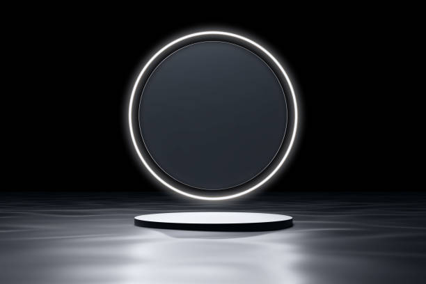istock Black dark clear glass circle neon light glow podium product display on water surface chrome or silver reflection advertisement cosmetic skin care stand background moon light shadow. 1427045404