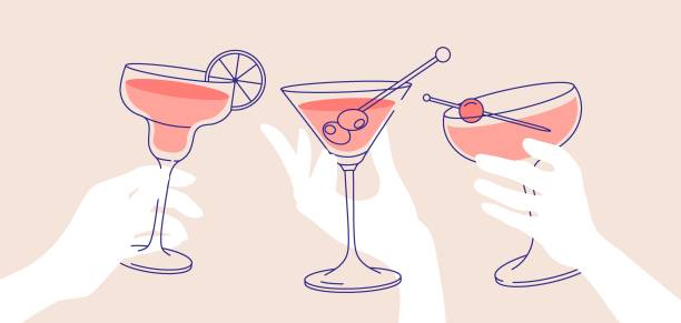 ilustraciones, imágenes clip art, dibujos animados e iconos de stock de dibujo de contorno, saludos. manos de mujeres sosteniendo vasos de margaritas y martini. - cócteles