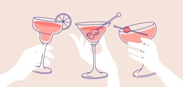 ilustrações de stock, clip art, desenhos animados e ícones de outline drawing, cheers. women’s hands holding glasses of margaritas and martini. - birthday party adult women