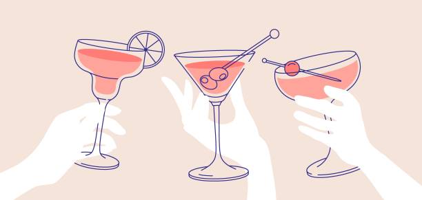 Outline drawing, cheers. Women’s hands holding glasses of margaritas and martini. Outline drawing, cheers. Women’s hands holding glasses of margaritas and martini. Flat illustration for greeting cards, postcards, invitations, menu design. Line art template happy birthday retro clip art stock illustrations