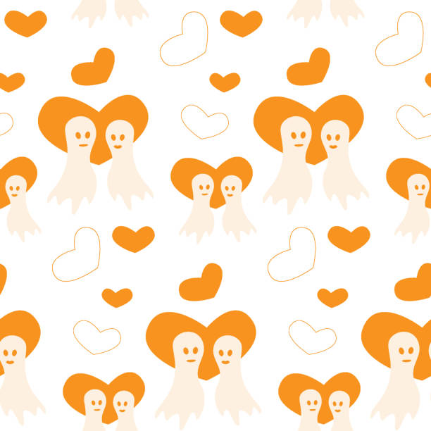 muster für halloween mit zwei verliebten geistern und herzformen in trendigen orangetönen. isolieren - geist grafiken stock-grafiken, -clipart, -cartoons und -symbole