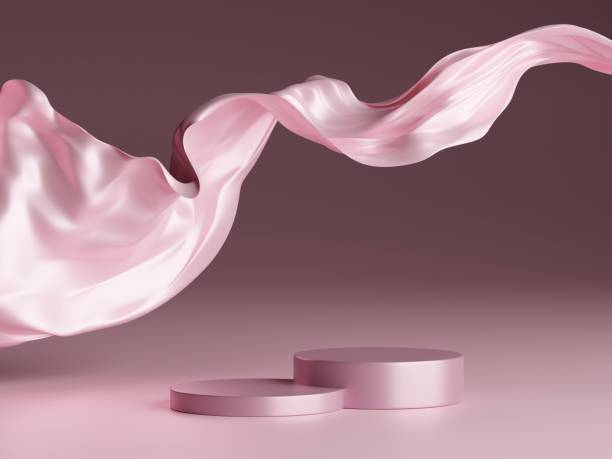 istock Abstract geometric composition with flying silk , Natural stone step pedestal and Nature wind fabric wave. 3D render. Mock up for exhibitions. 1427053977