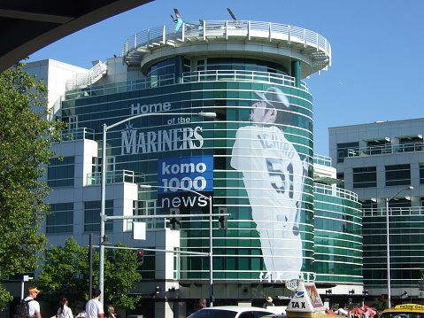 Seattle, USA - July 20, 2008: This is a view of the city of Seattle in 2008. It's a local TV station. A picture of major leaguer Ichiro is written all over the wall. It was one of Seattle's most famous landscapes.