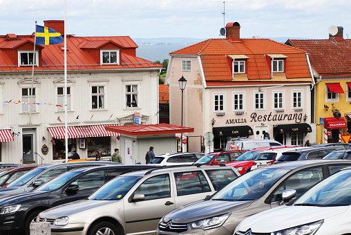 Granna, Sweden - July 6, 2020: Car park at the town square.