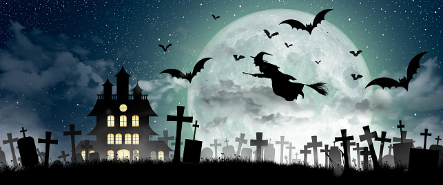 Halloween Silhouette of Witch flying over the full moon, graveyard, haunted house, bats, and dead tree. 3D Illustration.