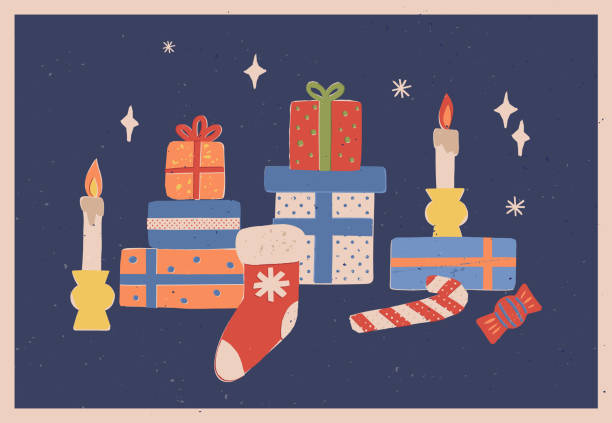 クリスマス、新年、冬休みレトロスタイルのグリーティングカード、バナーデザイン。クリスマスストッキング、キャンドル、積み重ねられたギフトボックス、キャンディーステッキのかわ� - hard candy candy old fashioned stack点のイラスト素材／クリップアート素材／マンガ素材／アイコン素材