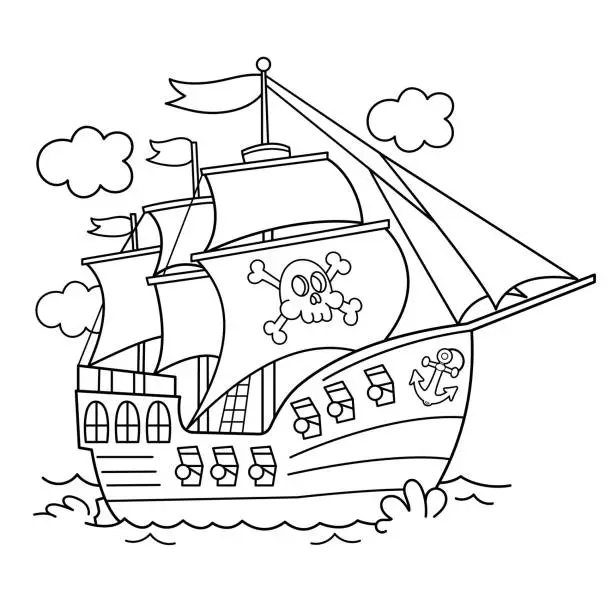 Vector illustration of Coloring Page Outline Of Cartoon pirate ship. Sailboat with black sails with skull in sea drawing. Coloring book for kids.