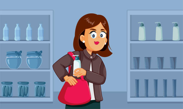 ilustrações, clipart, desenhos animados e ícones de mulher cleptomaníaca roubando da ilustração de desenho animado vetorial do supermercado - shoplifter