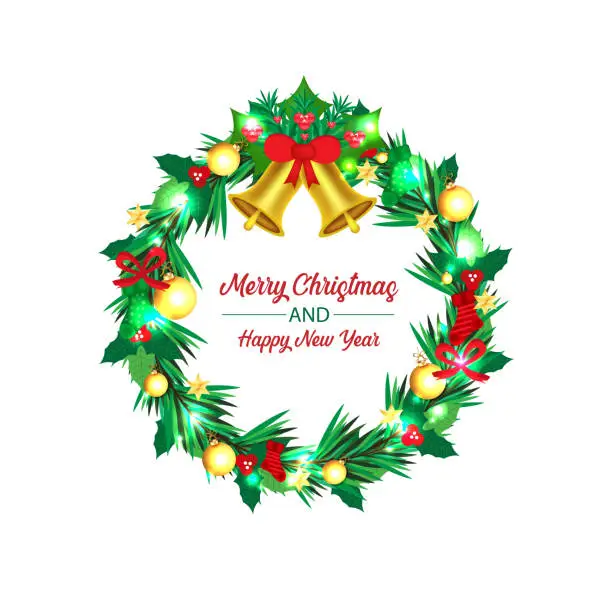 Vector illustration of Set of realistic Christmas wreath garland ornament isolated or Christmas decoration wreath with golden bells and red bow ribbon or merry Christmas decoration