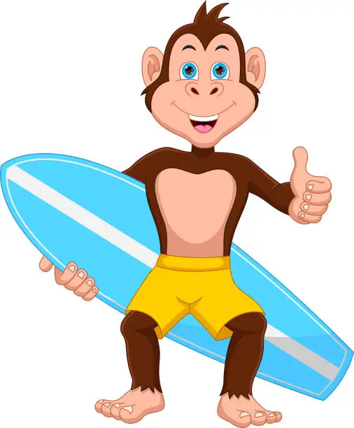 Vector illustration of cartoon cute monkey carrying surfboard