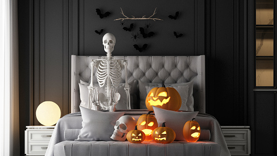 Halloween party poster in a modern classic haunted house bedroom with jack-o'-lantern pumpkins. Full moon lamps, witches' cauldrons, spider webs and skulls on the floor. 3d rendering illustration