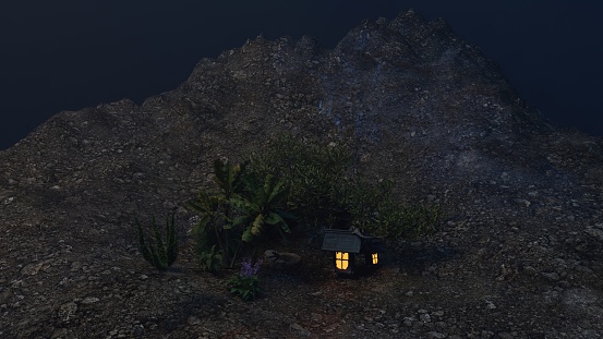 bungalows on rural mountain slopes at night