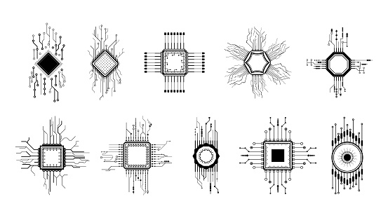 Fine Line Computer Design Set Abstract Collection Black Simple Line Cpu Computer Technology ...